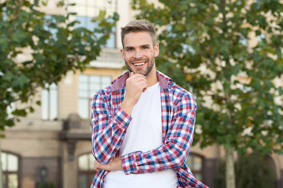 Cool About Being Scruffy. Unshaven Guy Smile Urban Outdoor. Happ jason